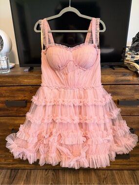 Milla flirty ruffled tulle mini dress in misty rose
